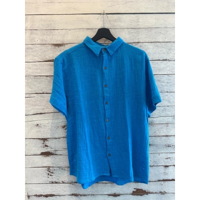 Camisa Praia Brasil Linho de Botões Azul Brilhante
